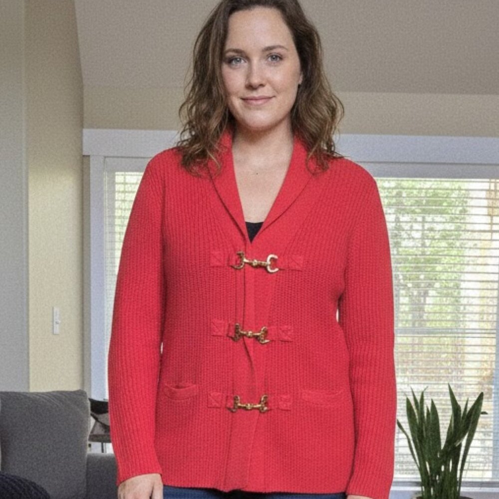 Soft Surroundings sz XL cotton red zip front w/ gold hardware sweater / cardigan